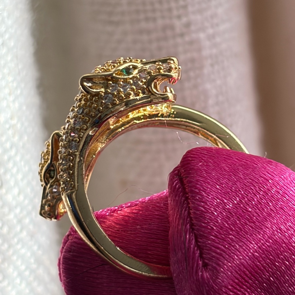 Elegant Gold plated Panther Ring encrusted with diamonds & gem stones